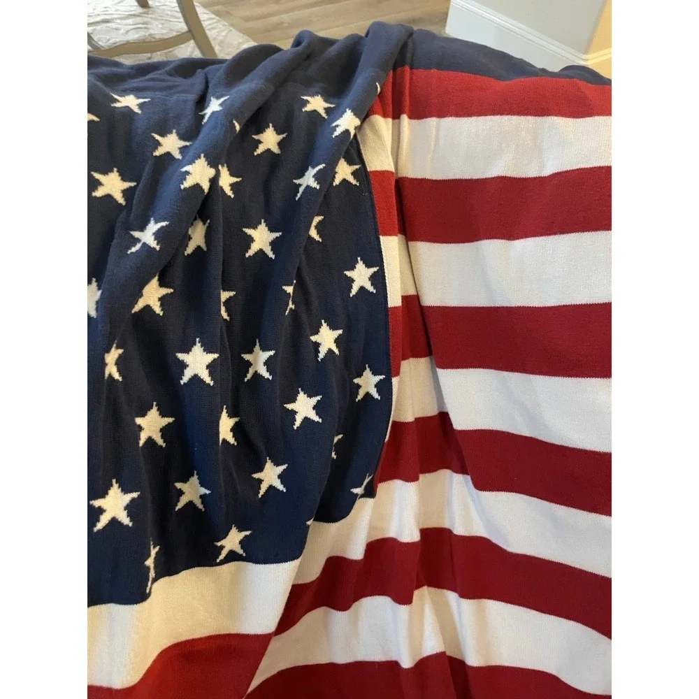Vtg Red White Blue Polo Ralph Lauren  RL -67 Flag Throw Blanket Knit 100% Cotton